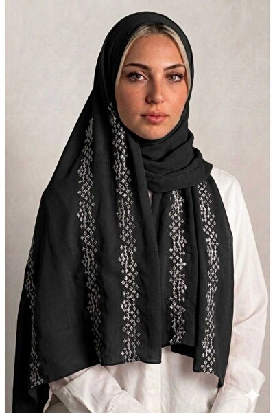 Veil Designer طرحة بول اسود طبقتين ببتطريز طول الطرحة تطريز أبيض و رمادي الثم...