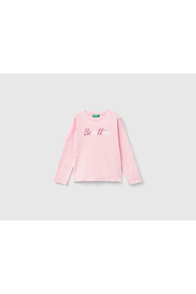 United Colors of Benetton تي شيرت بناتي بأكمام طويلة وطبعة لامعة