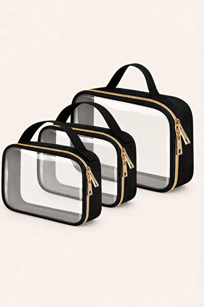 woys TRAVEL Set de 3 genți transparente pentru machiaj de călătorie, din piel...