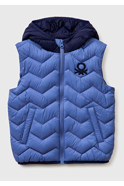 United Colors of Benetton Boy's Airman Blue Logo Detailed Hooded Vest