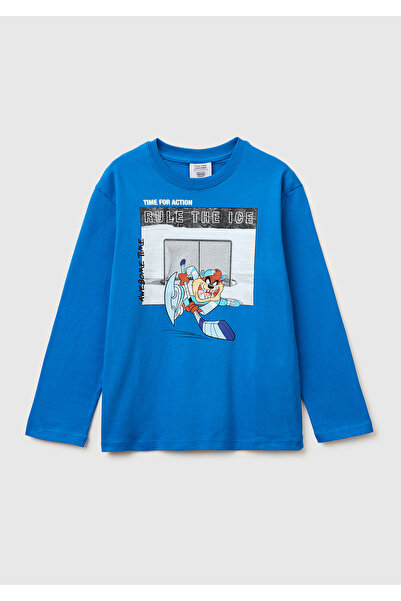 United Colors of Benetton Boy's Blue Printed Crew Neck Long Sleeve T-Shirt