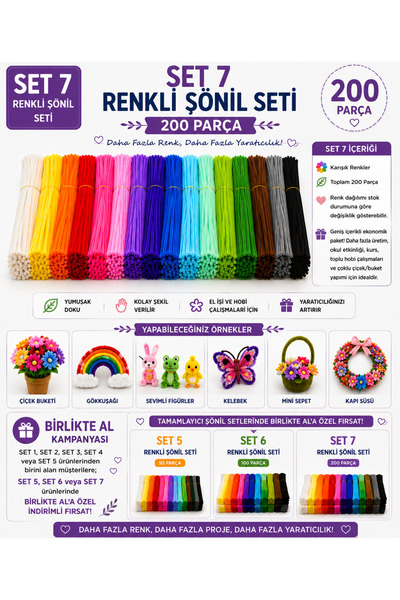 Akkaymak Sönil Setleri SET 7 - RENKLİ ŞÖNİL SETİ 200 Parça