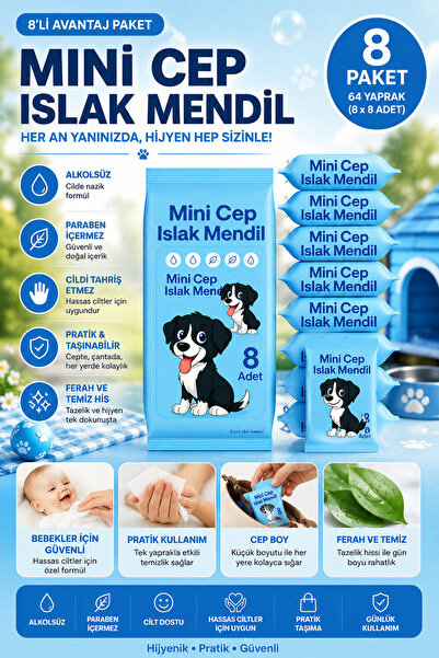 ANI OFİS KIRTASİYE A K Mini Cep Islak Mendil 8'li Paket | Aloe Veralı | Alkol...