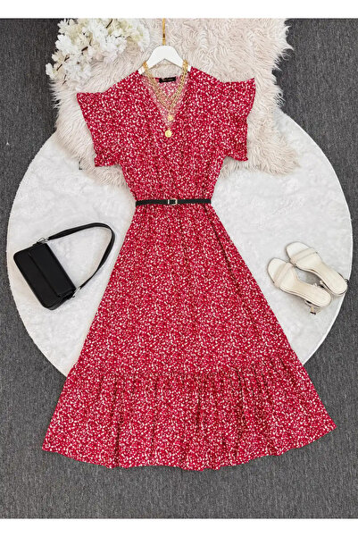 modabetce Red Crisp Pattern Double-Breasted Dress