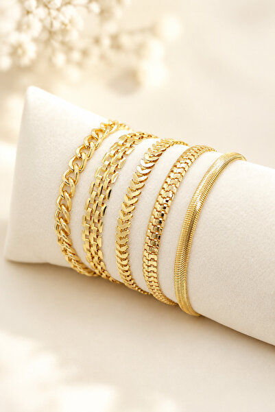 Women's Gold Plated Fish Back Detail 5-Piece Bracelet Set