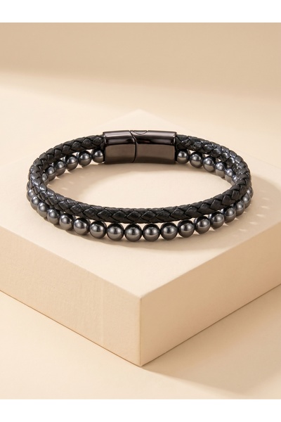Parmas Design Hematite Natural Stone Leather Men's Premium Gift Bracelet 01855