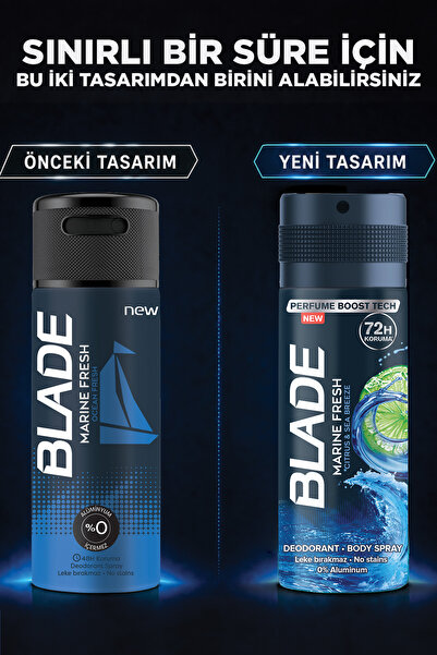 Blade Marine Fresh Erkek Alüminyumsuz Deodorant Body Spray 3x150ml Hızlı Kurur,Leke Bırakmaz