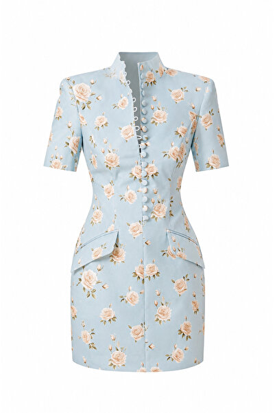Julidress Floral Patterned High-Neck Premium Mini Dress with Button Detailing