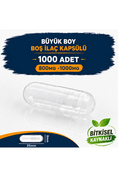 Büyük Boy Şeffaf Boş İlaç Kapsülü 00'' 1000 Adet-1000mg Helal Sertifikalı