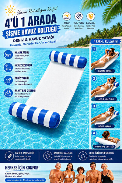 yumurcakstore Şişme Havuz Hamağı Fileli Havuz Koltuğu 4'ü 1 Arada Deniz Ve Ha...