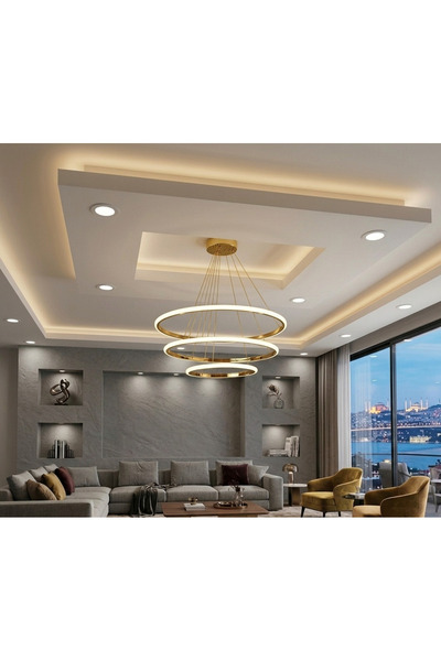 Lzy Avize Store 3’lü Çember Eskitme Modern Avize Beyaz Işık – Salon & Yemek M...