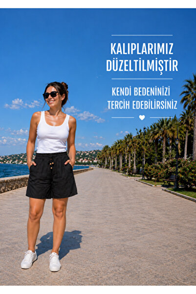 MİRA BUTİK Kadın Curve Büyük Beden Beli Lastikli Keten Karışımı Kumaş Çepli Ş...