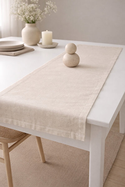 MZN Home Düz Kenarlı Bej Renk Keten Runner - 40x200 Ebatlı