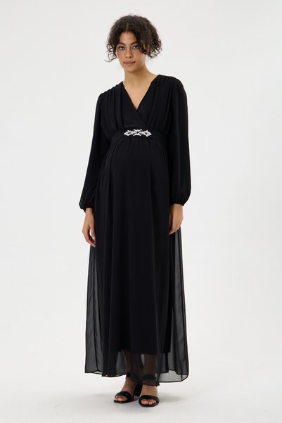 KATLİN MATERNİTY WEAR Maternity Lined Chiffon Dress with Waist Stone Belt Detail (Black)