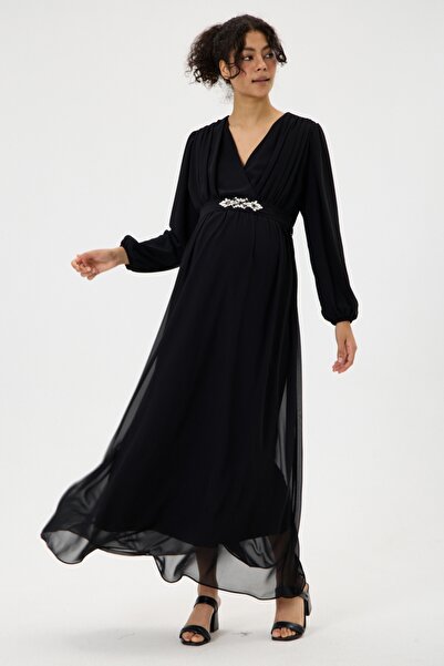 KATLİN MATERNİTY WEAR Hamile İçi Astarlı Şifon Elbise , Bel Taşlı Kemer Detay...