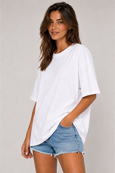 Lizbon Style Kadın Oversize %100 Pamuk Basic Rahat Kalıp T-Shirt - Beyaz