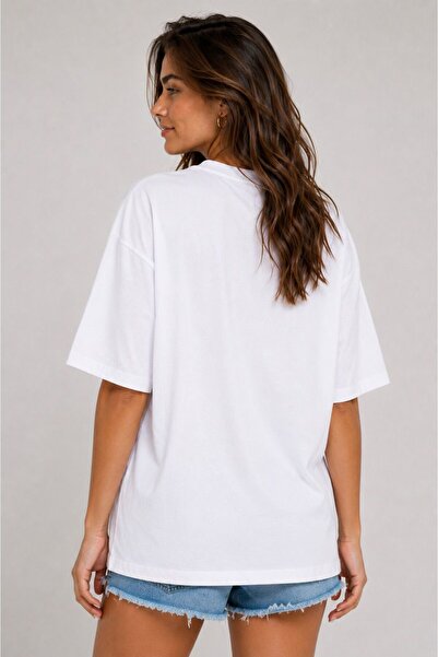 Lizbon Style Kadın Oversize %100 Pamuk Basic Rahat Kalıp T-Shirt - Beyaz