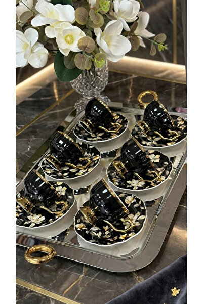 Ogeda Home Gold Detaylı Çiçekli Fincan Takımı Siyah - Siyah, Çiçekli Gold 6 K...