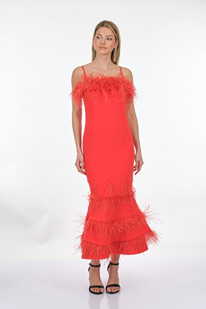 ALFABETA Alfa Beta İp Askılı Göğüs Ve Eteği Tüylü Balık Midi Abiye Elbise