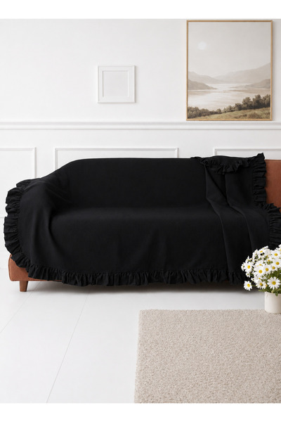 ÇIQRIK HOME 180x220 cm Pamuk Keten Fırfırlı Koltuk Örtüsü Kaymaz, Yıkanabilir...