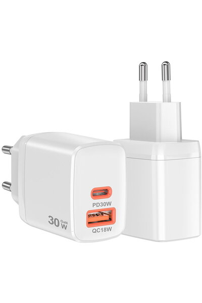 Techsuit Duonix30W GaN Încărcător de călătorie dual USB-A + USB-C 30W Alb