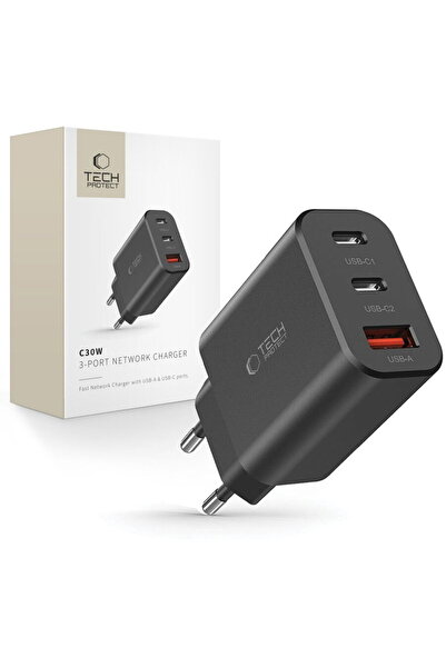 Tech-Protect 1x USB-A + 2x USB-C PD QC3.0 3A 30W Negru