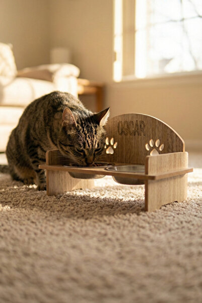 GOBYPET Ahşap Özel İsim Baskılı, Oval Kedi Köpek Mama Su Kabı Standı, Metal Suluk, Kedi Köpek Halısı