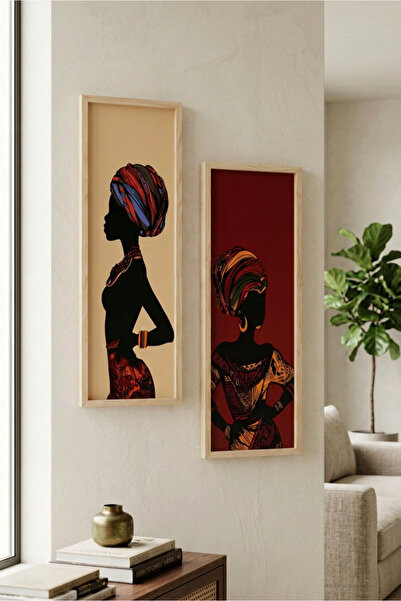 Wooden Factory 2'li Doğal Ahşap Afrikalı Kadın Bohem Stil Duvar Tablosu 20x60...