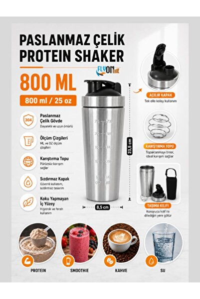 FLYONLOOK 304 Steel Protein Shaker 800 ml Non-Clumping Mixer with Bulk Case a...