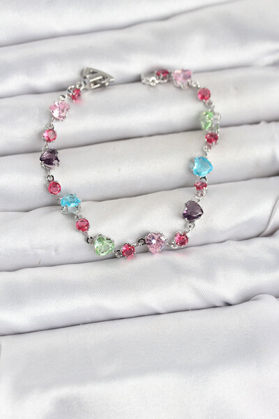 TJ Crystal Stone Heart Cut Mixed Color Silver Color Gema Women's Bracelet Tj-...