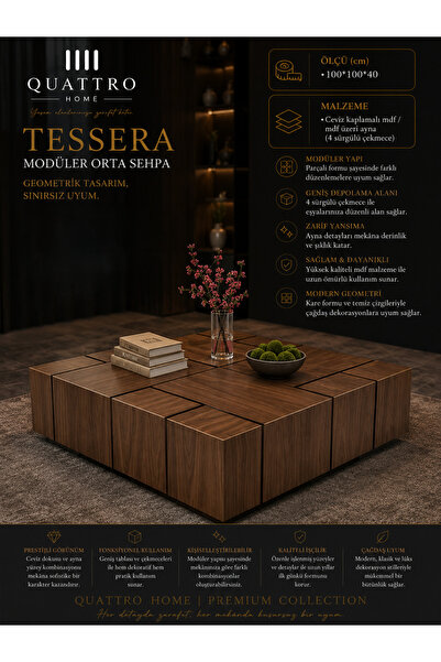 QUATTRO HOME Tessera Modüler Ceviz Kaplamalı Orta Sehpa 100x100x40 cm