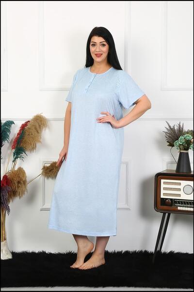 Moda Çizgi Kadın Büyük Beden Kısa Kol Mavi Dantelli Anne Gecelik 1376