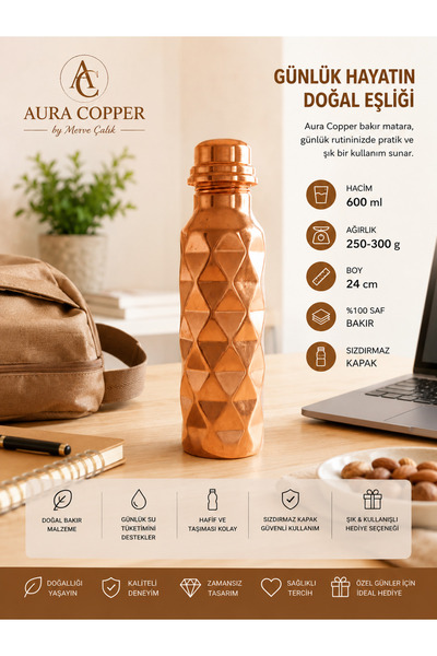 AURA COPPER Otantik Pramit Desen Bakır Suluk Matara Su Şişesi – Günlük - Spor...