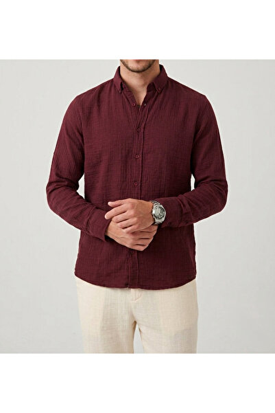 aksesuarista.co Men's Burgundy Muslin Fabric 100% Cotton Pocketless Shirt