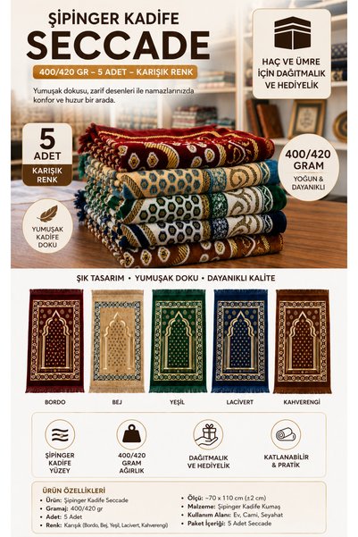 Blue Home 5-Piece Velvet Shpinger Prayer Rug (400-420 Gr) Cross and Umrah Gif...