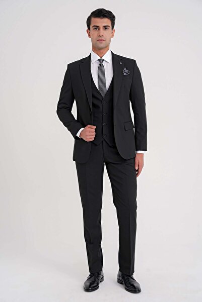 Efor Slim Fit Double Slit Textured Patterned Black Vest Suit Tk 921