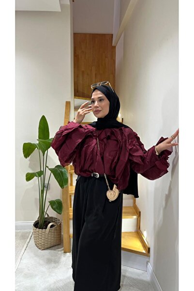 Butik Kadın Fırfırlı Astarlı Yazlık Şifon Saten Yeşil Bluz