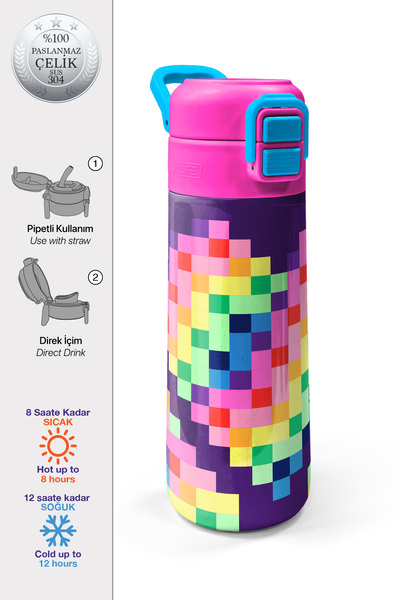 Coral High Kids Çok Renkli Piksel Kalp Desenli Pipetli ve Direkt İçim Çelik T...