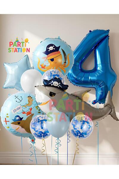 Parti Station Korsan Köpek Balığı Konsept 4 Yaş Balon Set Korsan Shark Tema D...