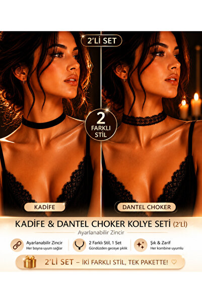 Liora De Mar Kadife & Dantel Choker Kolye Seti – Ayarlanabilir Zincirli, Mini...
