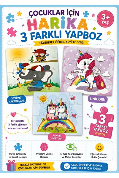 Pembe Pasaj Okul Öncesi Yapboz 3 Adet Farklı Tasarım