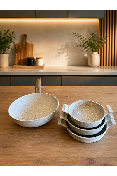 LAVONNI Terra Wok Set 4 Parça Döküm Granit Sahan ve Wok Tava Seti 18-20-22 cm...
