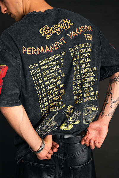 Sekizbiraltı Washable Black Aerosmith Permanent Vacation Tour Printed Oversiz...