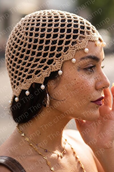 The Champ Clothing Kadın Örgü File Şapka Pearl Veil Bej – İnci Detaylı Şık Saç Aksesuarı
