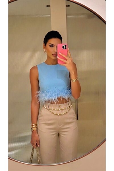 Şeyma Özer Özel Tasarım Kadın Bebe Mavisi Tüylü Crop
