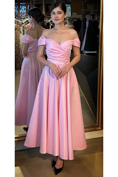 Abiyeniall Pembe Madonna Yaka Kloş Etekli Saten Midi Abiye Elbise 7672