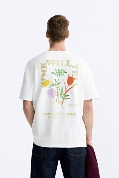 The Champ Clothing Sooner or Later Written Tulip Design Printed Oversize Whit...