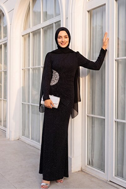 Modamorfo Draped Front Stoned Long Evening Dress - Black