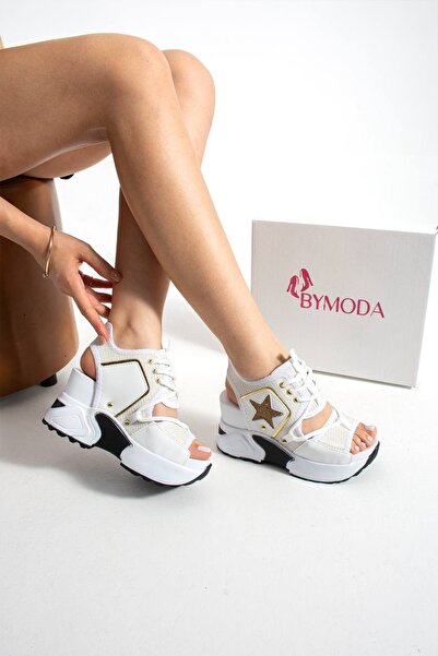 Bymoda New Season White Wedge Heeled Sports Sandals Total Height 10 cm