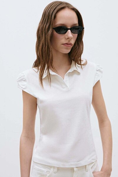 Suud Collection Ecru Joan Fit Polo Neck T-Shirt